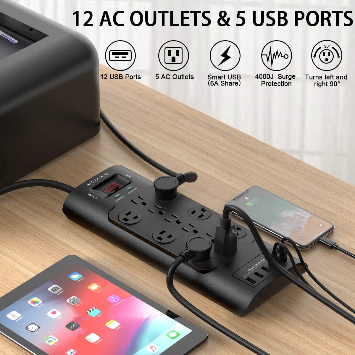 Surge Protector, SHUGUANG Power Strip with 12 Outlets and 5 USB Ports, Heavy Duty 6 Feet Flat Plug Extension Cord (1875W/15A) for Multiple Devices Smartphone Tablet Laptop Computer, ETL Listed: Electronics