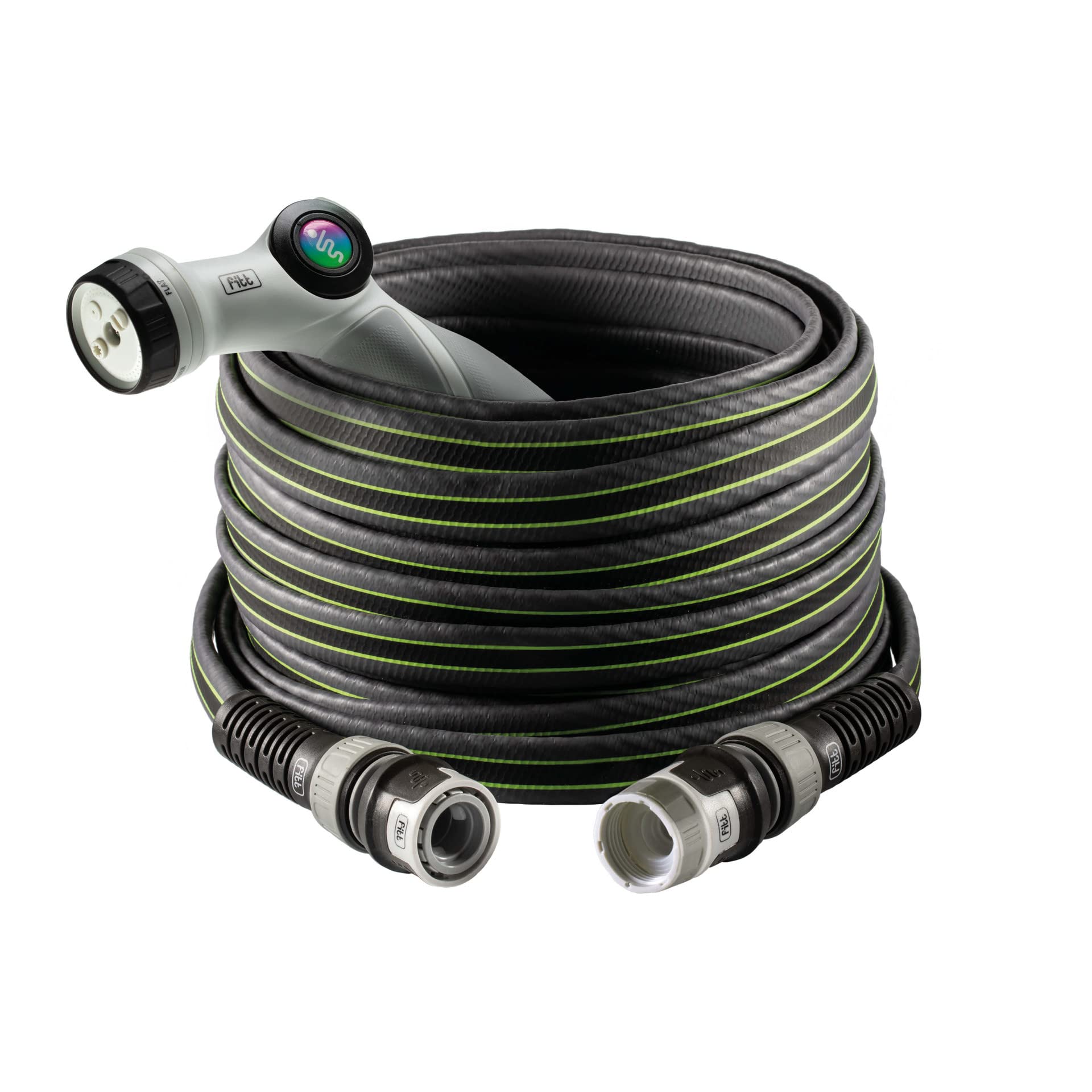 FITT Force 5/8" 20m, Garden Water Hose for Irrigation, Compact, Light and Resistant for Intensive use, with Multi-Jet Gun, Grey with Green Stripes