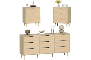 Anbuy Rattan 3 Drawer Dressers and 9 Drawer Dresser for Bedroom, 3 Drawers Dresser Set of 2 & 9 Drawer Dresser Combo 3 Pieces (Natural)