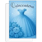 ASVP Shop Quinceañera Birthday Celebration Card – Beautiful Dress & Flowers Design for Her Special Day (Blue)