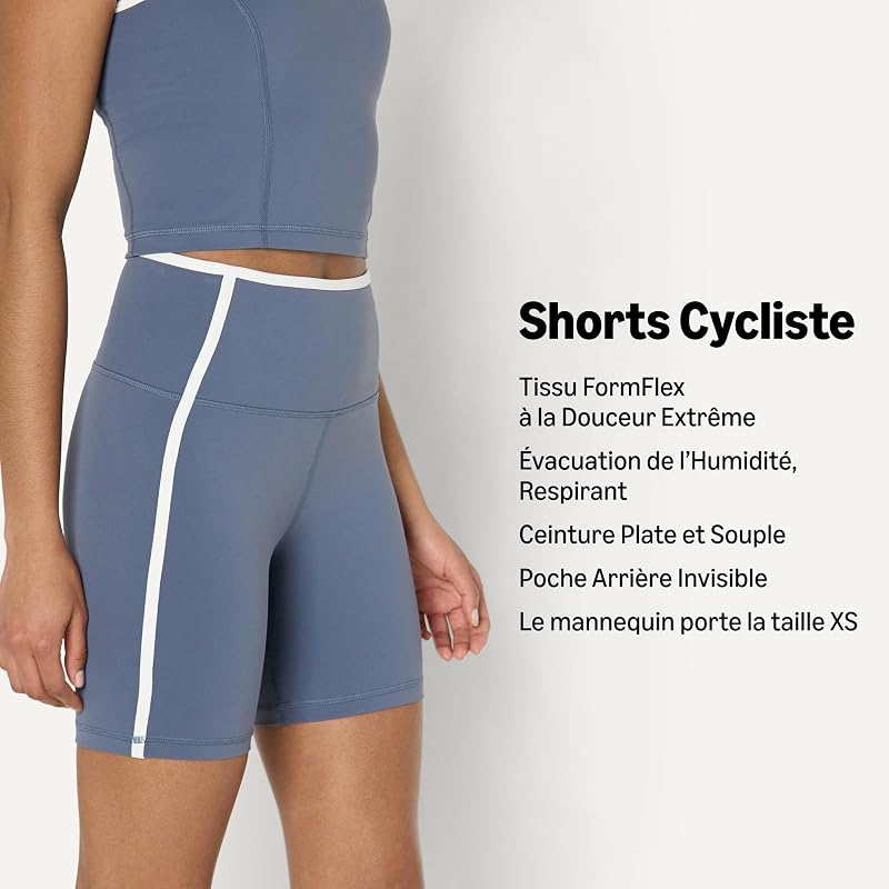 Short de Cyclisme Taille Haute Active FormFlex, Tissu Ultra Doux Femme, Blanc/Gris Ardoise, M