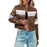 Tankaneo Womens Cropped Moto Biker Jackets Faux Leather Bomber Jacket Color Block Vintage Racing Coats