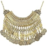 Vintage Tassel Coin Collar Bib Statement Necklace for Women Men Ancient Gold Silver Retro Engraved Exaggerated Short Chunky Boho Choker Ethnic Gypsy Tribal Clavicle Chain Pendant Costume Party Jewelry