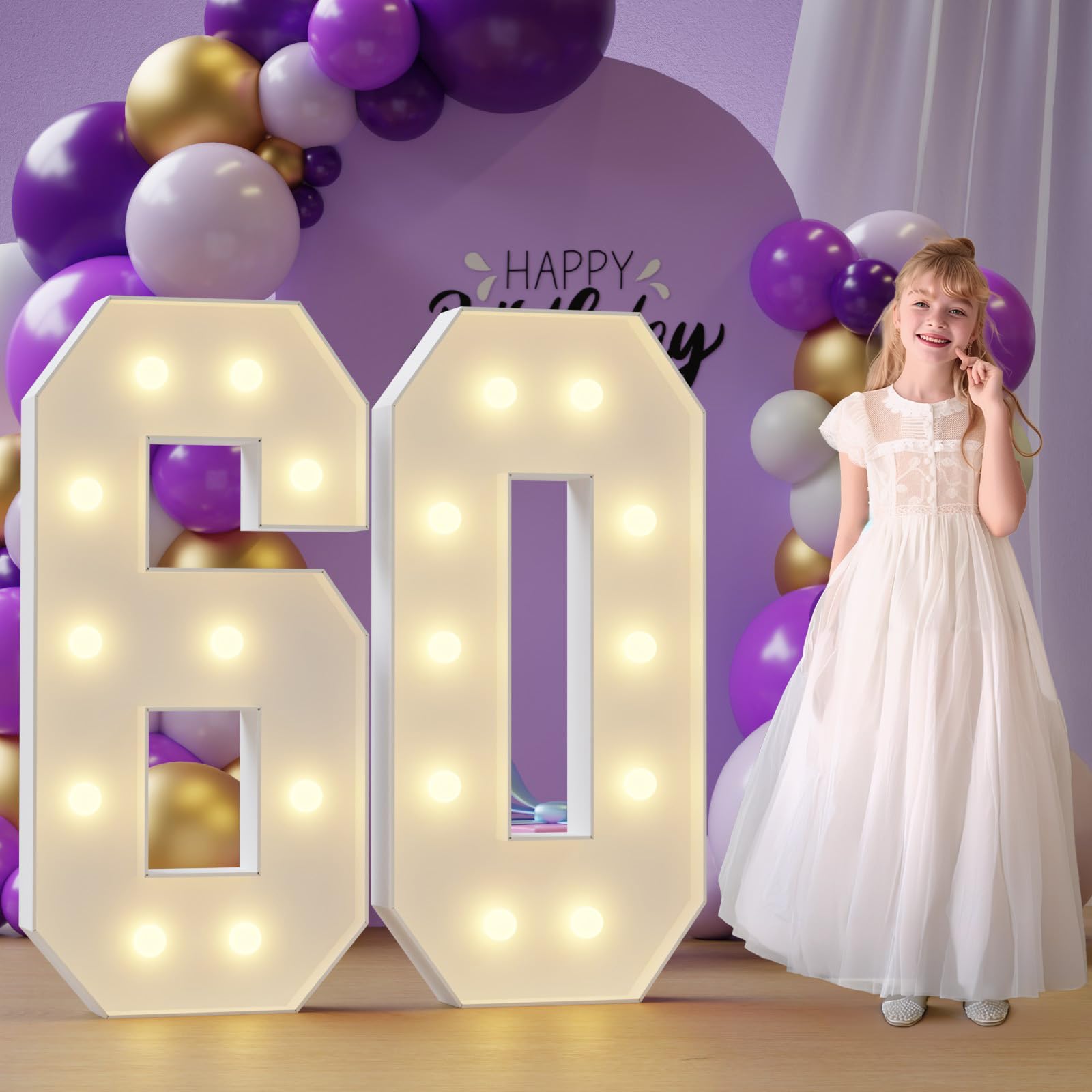 Photo 1 of Marquee Numbers 60th-Birthday Large Decorations: 4ft Light Up Numbers 60 Birthday Sign for Boy Girl Sixty Year Old Anniversary Mosaic Party Decor Backdrop Big Foam Board Number 60