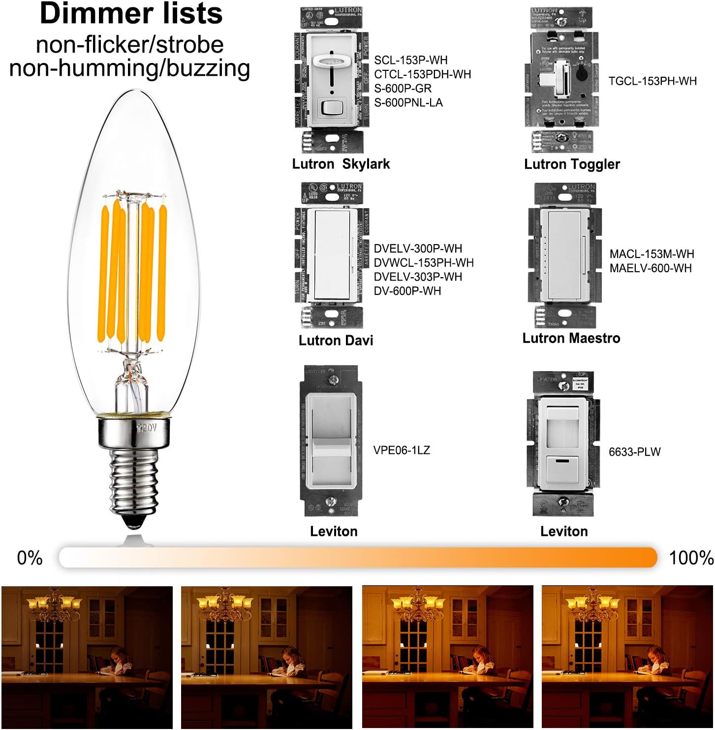 LiteHistory Dimmable B10 led Bulb 6W Equal 60W led Candelabra Bulb 2700k Clear e12 Edison Bulb for Chandelier Light Bulbs and Ceiling Fan Light Bulbs AC120V 600lm b11 led Bulb Torpedo 6Pack - - 