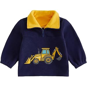 Toddler Baby Boy Fleece Jacket Excavator Long Sleeve Coat Winter Outerwear | Quarter Zip, Excavator Embroidery, contrast colo