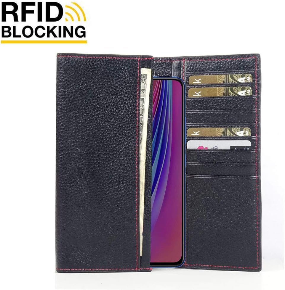 PDair ViVO V15 Pro Genuine Leather Phone Case (Black Pebble Leather/Red Stitch, Leather Wallet Case Folio Flip Book Design Continental RFID Blocking Wallet for ViVO V15 Pro