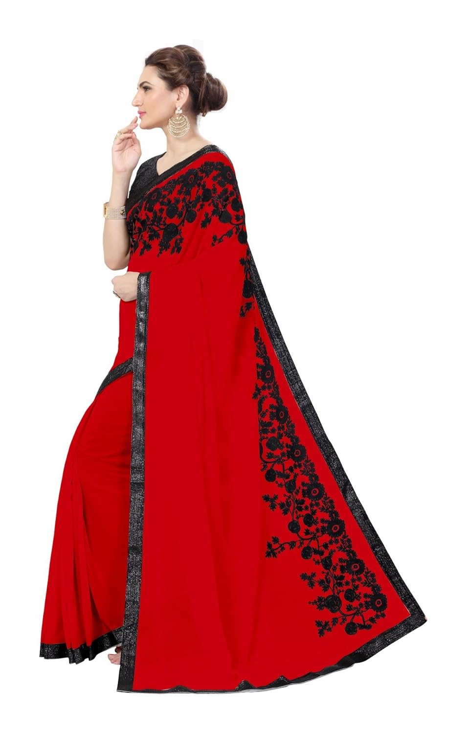 vrundavanethics women's georgette saree (red and black)