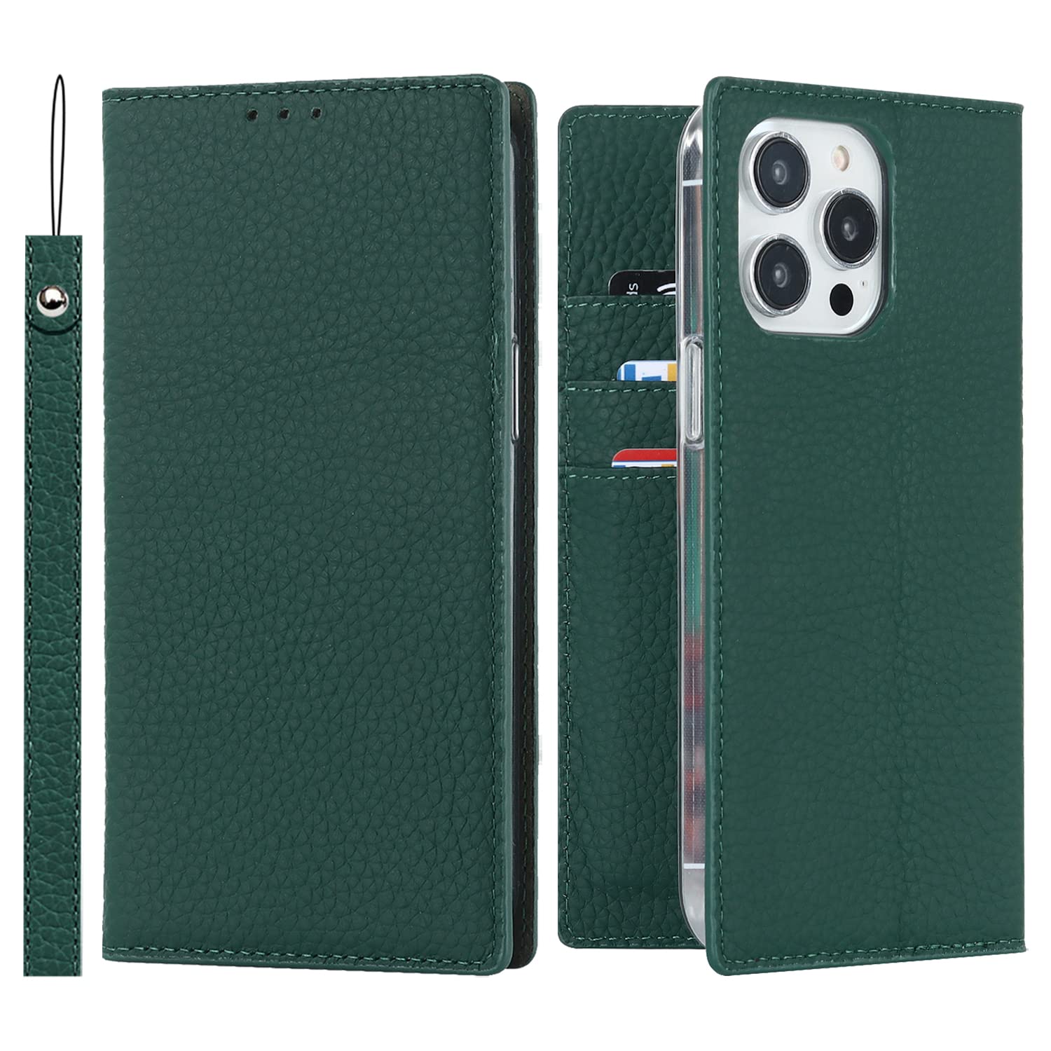 Cavor Phone Case Compatible for iPhone 14 Pro Max,Genuine Leather Flip Wallet Case,[3 Card Holders][Magnetic Closure][RFID-Blocking][Lanyard],Protective Case Cover for iPhone 14 Pro Max - Dark Green