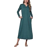 Marvmys Womens Cotton Nightgown Long Sleeve Button Up Sleep Shirts Full Length Henley Nightshirts V Neck Sleepwear S-3XL