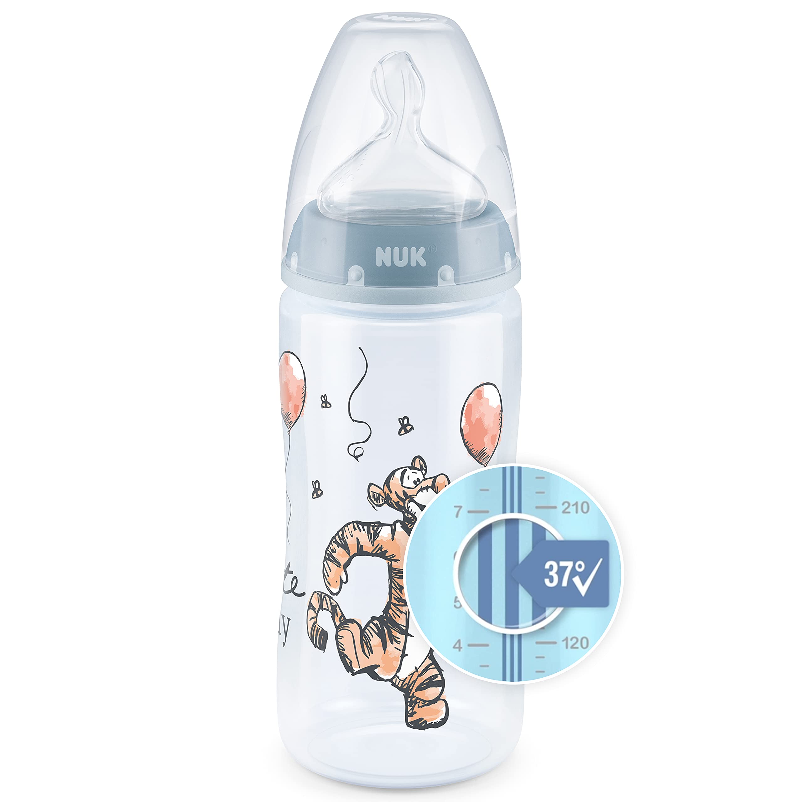 NUK First Choice+ Baby Bottle Disney Winnie 0-6 Months Temperature Control Display 300 ml Anti-Colic Valve BPA Silicone Teat Blue