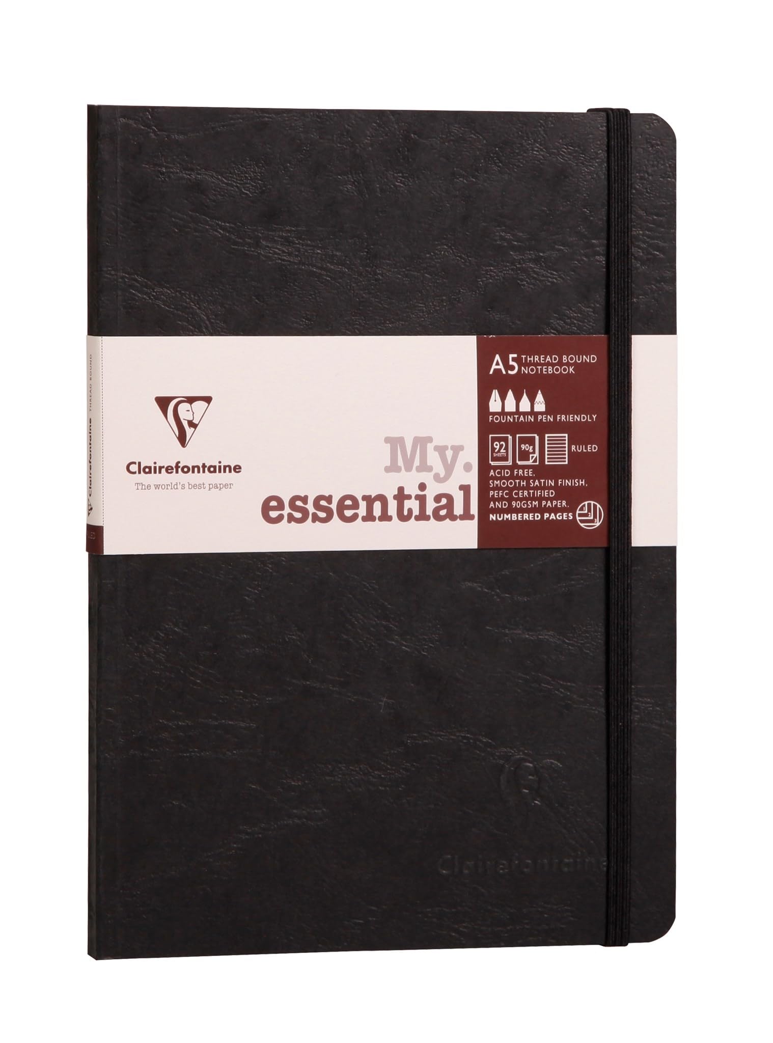 Clairefontaine 793431C Age Bag Collection MyEssential Black Sewn Elastic Notebook - A5 14.8x21cm - 192 DOT Numbered Pages - 90g Ivory Paper - Leather Card Cover