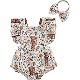 Karuedoo Western Baby Girl Clothes Cow Print Romper Ruffle Sleeveless Jumpsuit Bodysuit Headband Infant Cowgirl Outfit