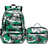 BLUEFAIRY Boys Backpack Set with Lunch Bag for Kids Elementary Middle School BookBags for Teens Child Back to School Gifts Large Campartments Lots of Pockets Camo Green