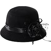 Yymobt Vintage Felt Cloche Hat for Women Imitation Wool Flowers Bucket Cloche Bowler Hat Flat Brim Inner Lining Winter Spring Autumn Wedding Tea Parties Daily Wear Black
