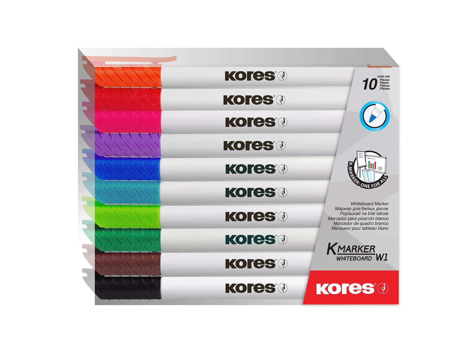 Kores - Coloured Whiteboard Marker Pens - K-Marker W1, Fine Bullet Tip with Low-Odour Ink - Dry Wipe Marker Pens - Back to School Supplies, Office Supplies - Pack of 10 in Assorted Colours