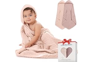 Comfy Cubs Hooded Baby Towel 2-Pack, Large 32 x 32 Inch - 6 Layer 100% Muslin Cotton for Babies, Toddlers, Kids - Soft & Absorbent Baby Bath Towels - Unisex Design for Bath Time, Mauve and Blush