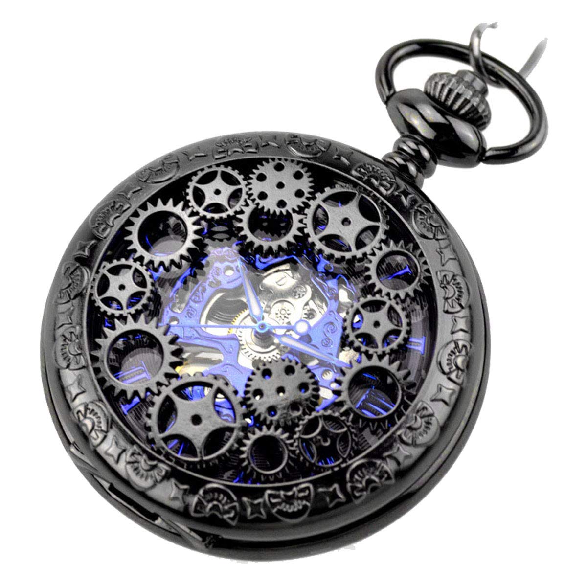 JewelryWe Vintage Half Hunter Black Hollow Gear Wheel Skeleton Hand Wind Mechanical FOB Pocket Watch with Chain