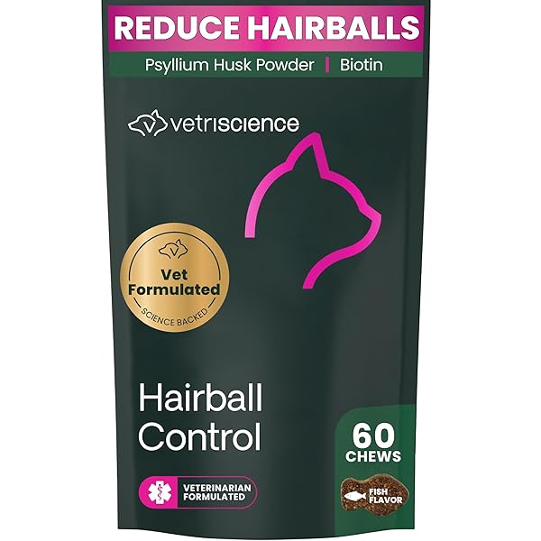 VETRISCIENCE HAIRBALL CONTROL CHEWS FOR CATS, OMEGA-3 AND FIBER SUPPLEMENT, SUPPORT DIGESTION AND SKIN AND COAT, TASTY SMALL BITES, CHICKEN, 60 COUNT