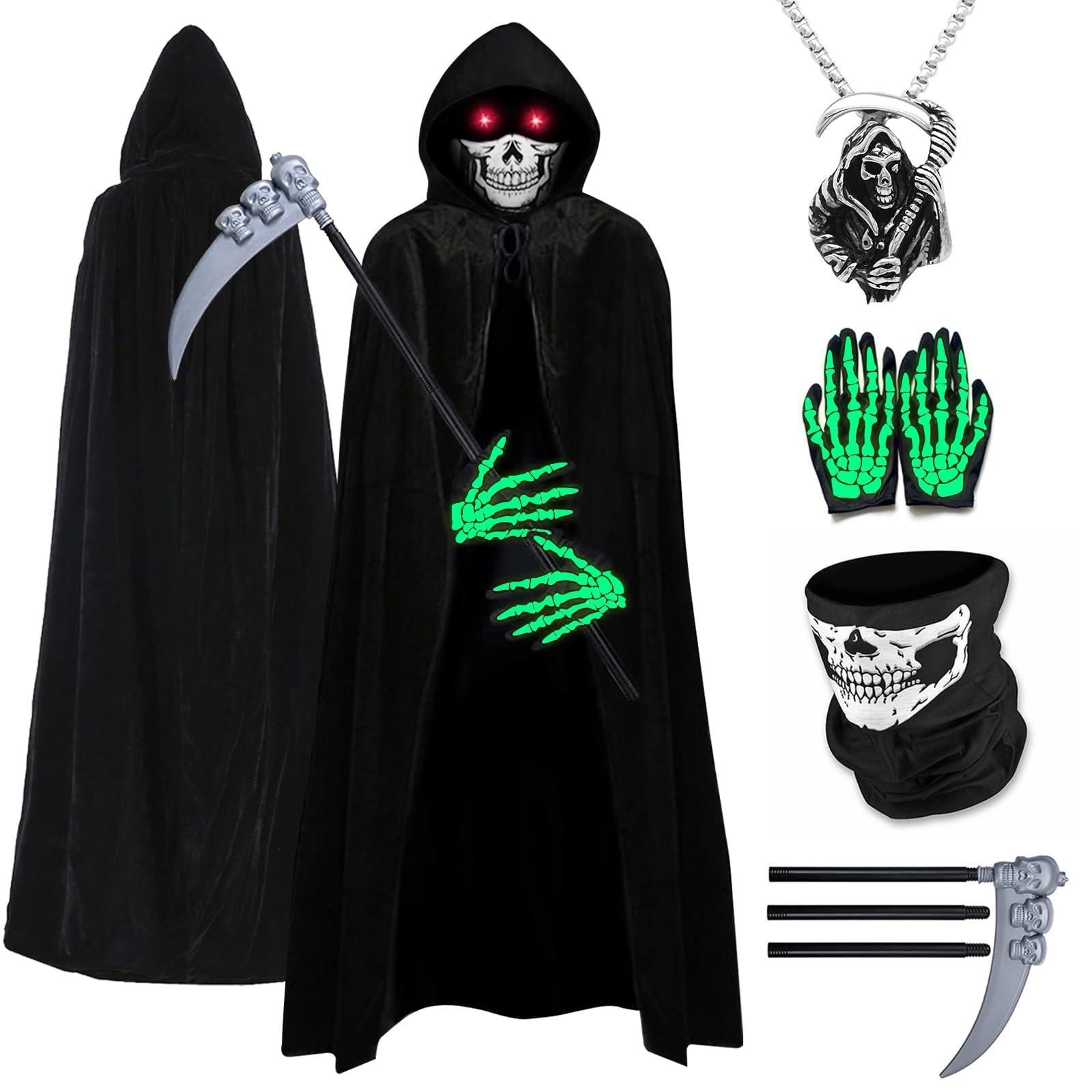 Grim Reaper Costume Adult Men Women Kids 12-13 13-14 with Grim Reaper Cloak Cape Hooded Black Long Scythe Skeleton Mask Gloves Necklace Halloween Scream Ghost Face Death Costume for Adult Men Women