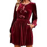 Simplee Womens Fall Velvet Dress Long Sleeve Bow Tie Front Babydoll A Line Cocktail Party Christmas Holiday Dresses