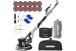 AMYBEST Drywall Sander, Powerful Electric Drywall Sander with Vacuum Dust Collection, 5 Speed 1000-2100 RPM, Popcorn Ceiling Remover, LED Light & 12 Sanding Discs, Extendable Handle (GRAY)