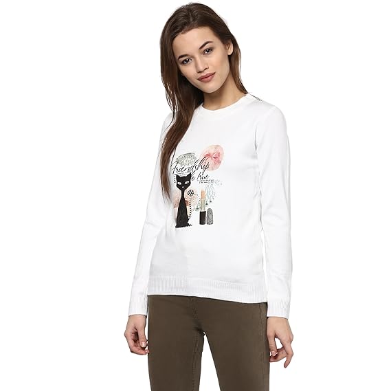 Women's Fashion Stretchy Round Neck White Long Sleeve Pullovers Sweaters Top