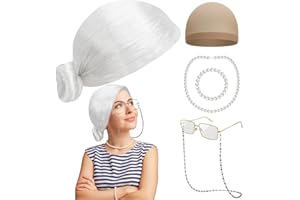 Huskein 100th Day of School Costume, Old Lady Cosplay White Bun Wig Glasses Wig Cap Pearl Necklace Bracelet Props for Kids Girls