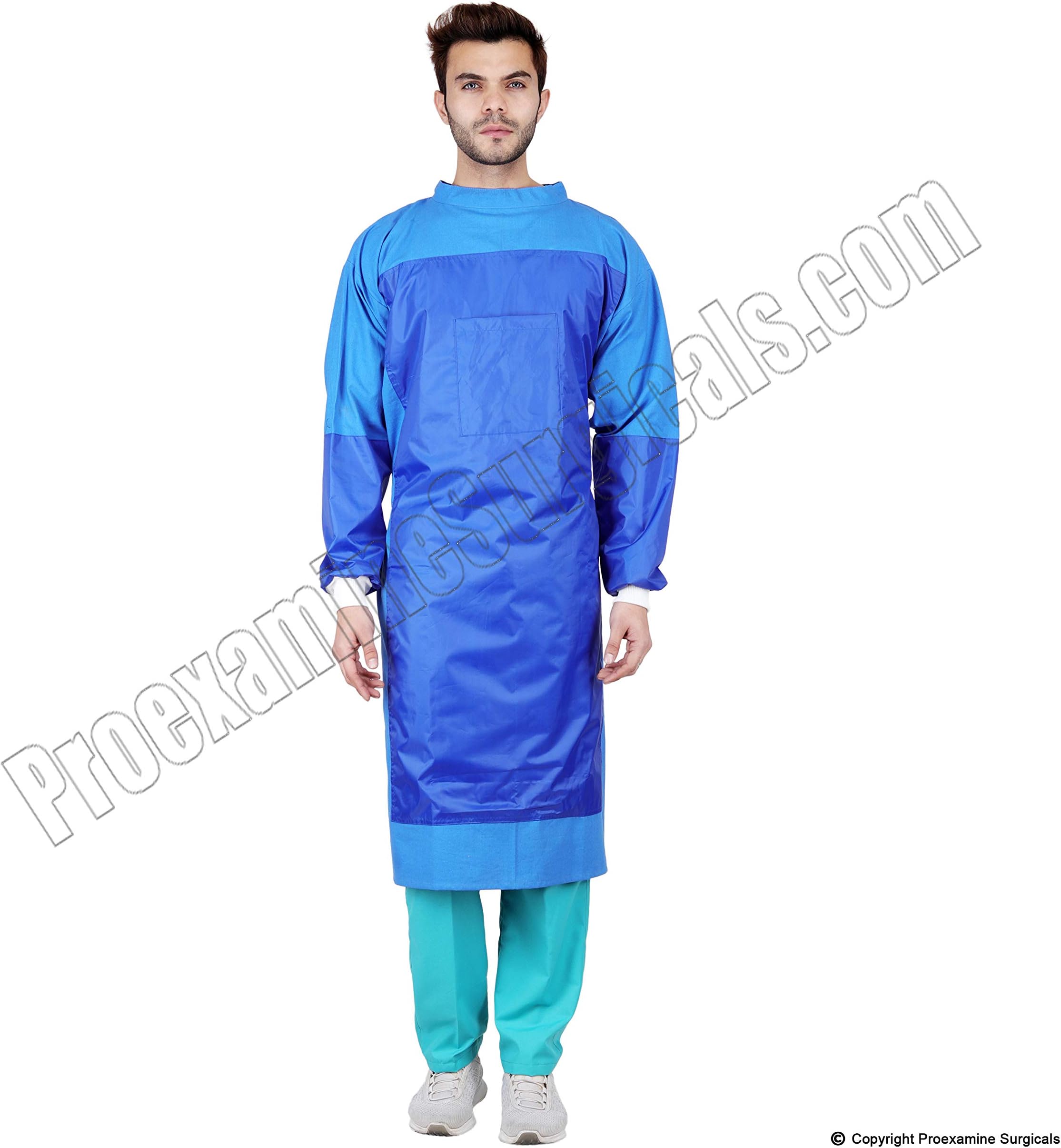 Proexamine Surgicals Cotton Reusable Surgeon Gown with Impervious Material and with Set of Face Mask and Cap | Blue