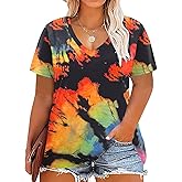 DOLNINE Womens Plus Size Tops Tie Dye Casual V Neck Summer Short Sleeve Loose Fit Shirts XL-5XL