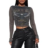 Women Sexy Sheer Mesh See Through Graphic Crop Top Long Sleeve Cut Out Tee Club Outfits