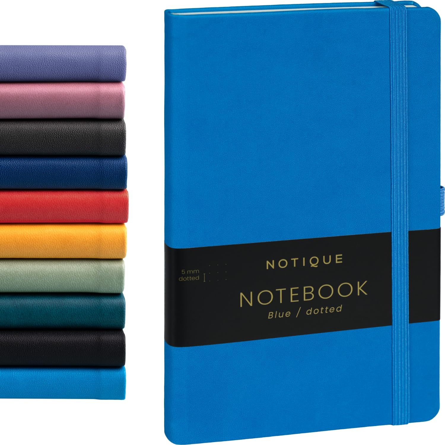 NOTIQUE Dotted Hardback Notebook, Notebook, Journal, Diary with Elastic Band and Pen Holder, 13 x 21 cm, 192 Pages (Blue, Polka Dots)