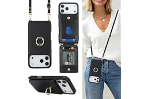 Lipvina for iPhone 17 Pro Max Case with Card Holder and Strap for Women,Crossbody Lanyard,Ring Stand,Snap Clasp,Cute Phone Wallet Cases 6.9 inch (Black)