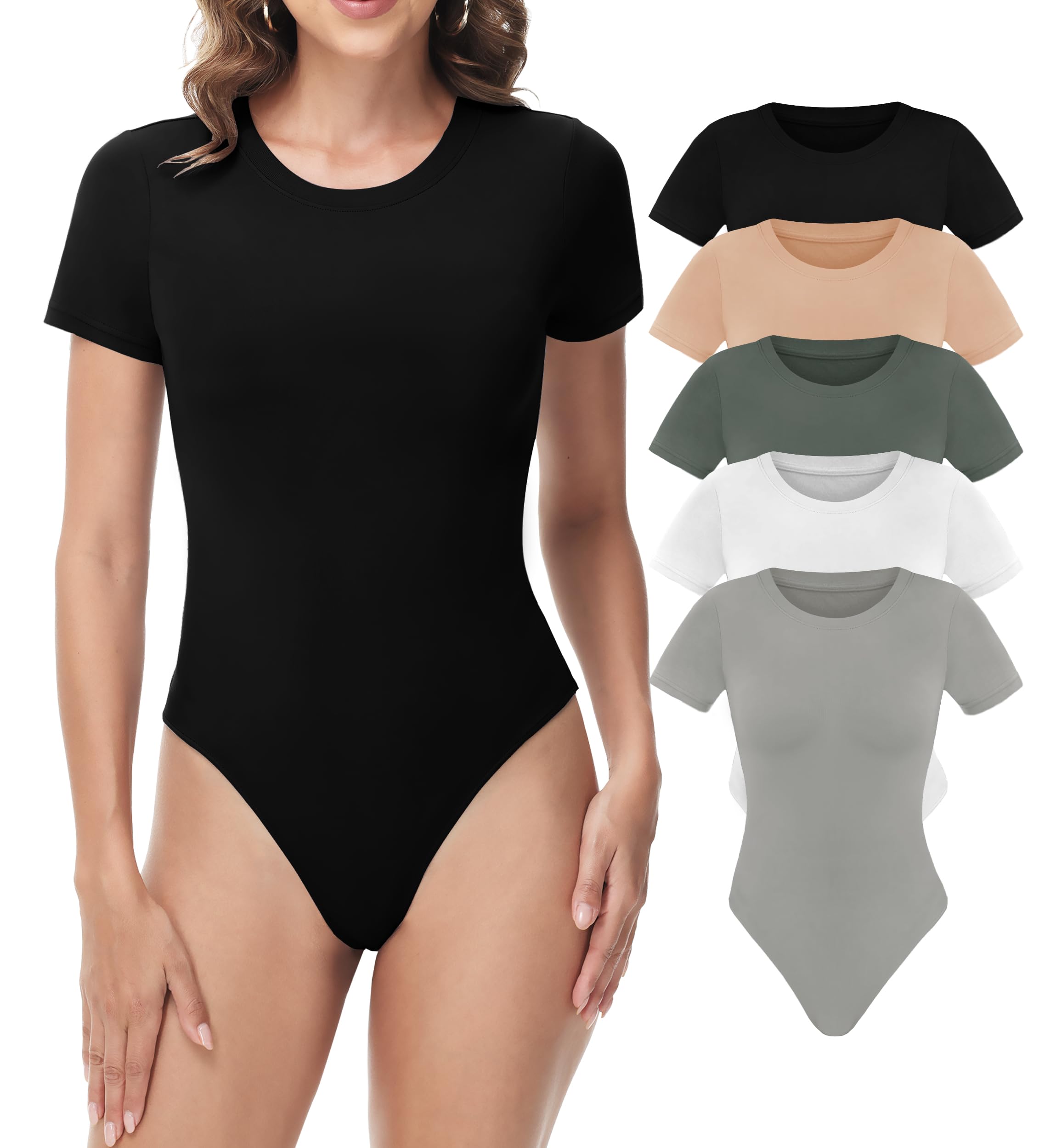 Photo 1 of 5 Pack Body suits for Women - Stretchy Bodysuit Womens Tops Round Neck Body Suit T Shirts for Women Going Out Tops S 