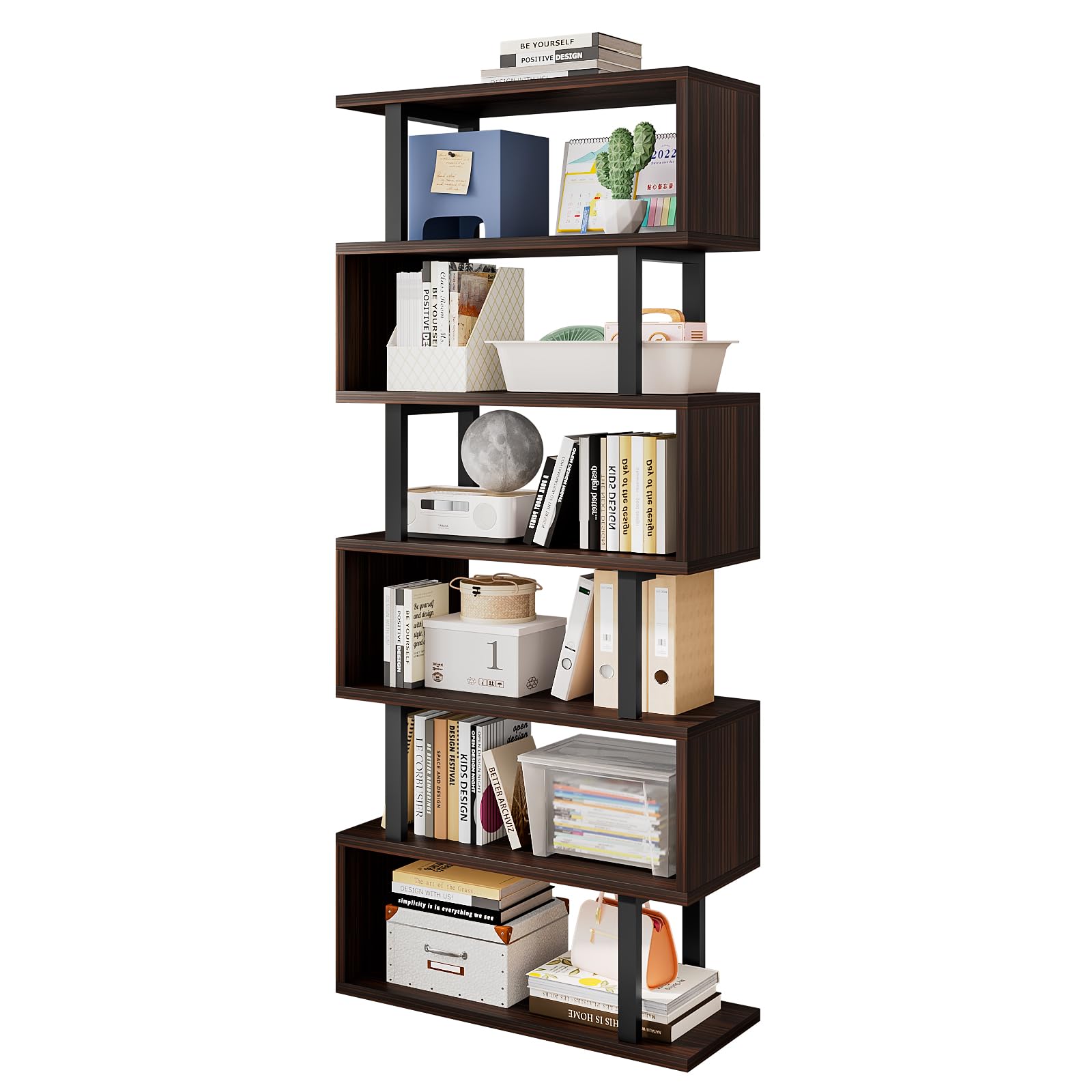 Photo 1 of SORCEDAS Bookshelf Geometric Bookcase S Shaped Industrial Bookshelf Storage Display Stand Shelf for Living Room Bedroom and Office Room (Black, 6 Tier)