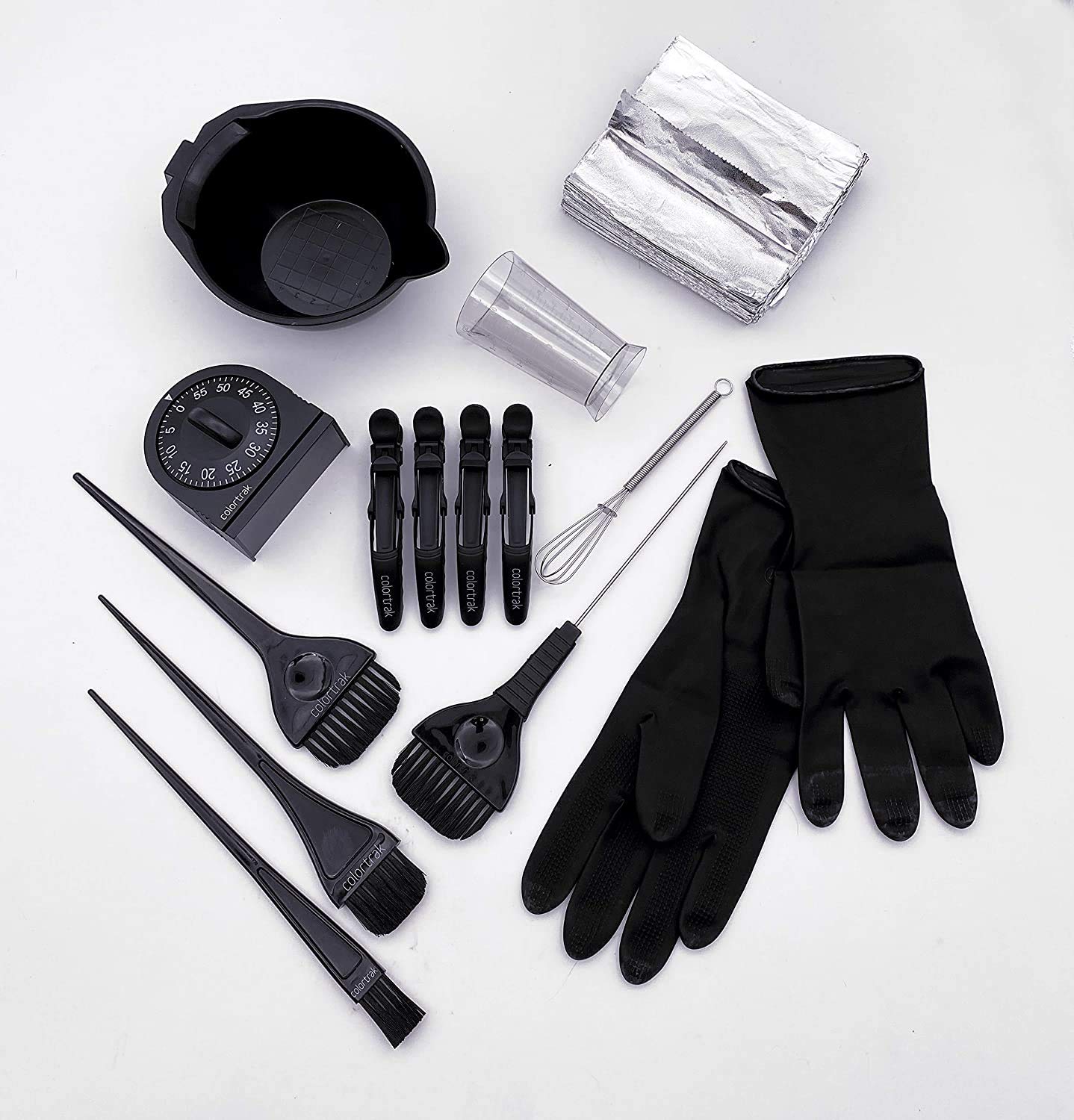 Colortrak Professional Hair Colorist Kit, 4-Pack Croc Clips, Color Beaker, Whisk, Duo Brush, 3-Pack of Brushes, Black Reusable Medium Gloves, Color Bowl, 50-Count Popup Hair Coloring Foil, Storage Box : Beauty