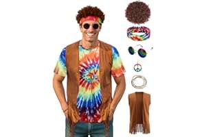 Treature Hippie Costume for Men 60s 70s Outfits for Men Tie Dye Shirt Set Fringe Carnival Vest Wig Tie Dye Headband for party