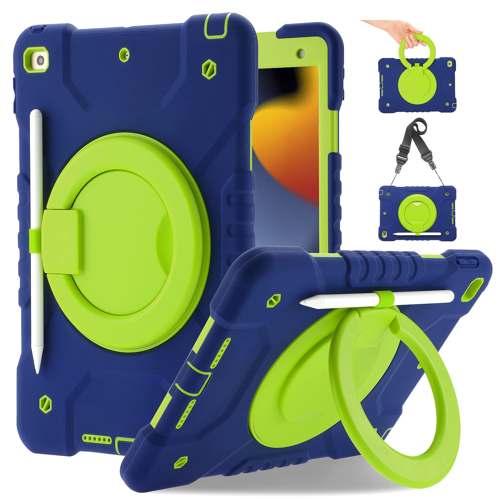 Andnary Case for iPad 9th/8th/7th Generation 10.2 inch, Shockproof Cover with Screen Protector/360° Rotating Handle/Bracket/Pen Holder/Shoulder Strap, Kids Case for iPad 2021/2020/2019 (Navy+Green)