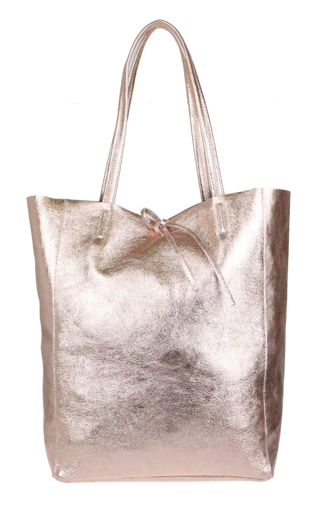 Girly Handbags Womens Open Top Genuine Leather Handbag - Metallic Champagne