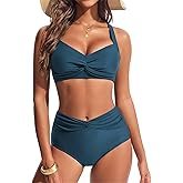 Hanna Nikole Women's High Waisted Bikini Sets, Tummy Control 2 Piece Swimsuits, Full Coverage Knot Front Bathing Suit