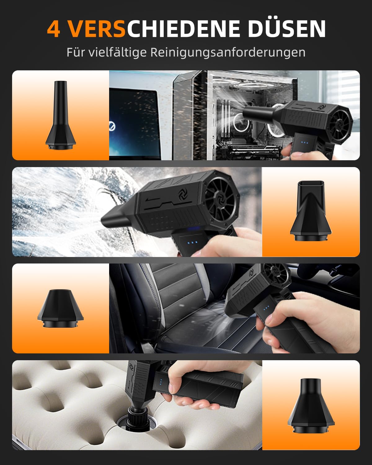 Elektrische Staubgebläse,110000RPM Electric Air Duster Cordless, 3-Gang einstellbare Mini-Gebläse mit Akku, 5.000 mAh wiederaufladbarer Akku, Mini-Format, mit 4 Düsen und Überhitzungsschutz. 6