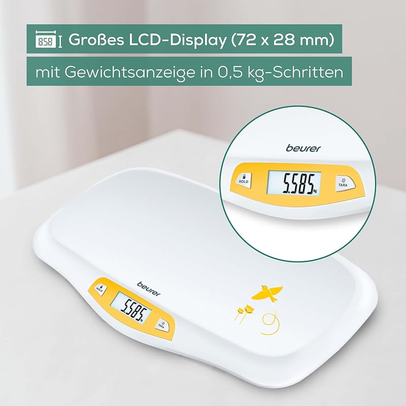 BY 80 Babywaage, mit gewölbter Oberfläche, 20 kg Tragkraft, Tara- und Holdfunktion für strampelnde Babys, Messung und Anzeige in 5g-Schritten, auch als Tierwaage verwendbar