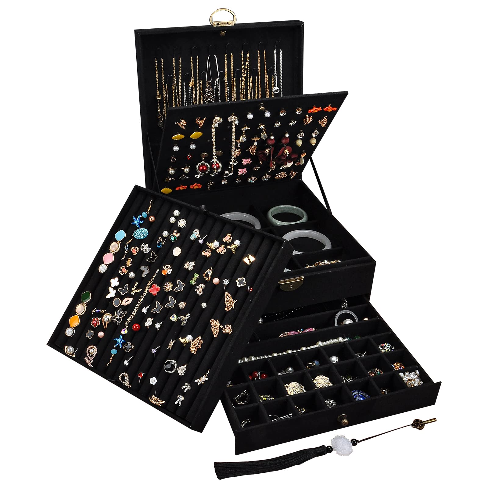 Photo 1 of GYJOYERO Jewelry Organizer 5 Layers Velvet Square Jewelry Box Women Necklace Ear studs Display Bangles Large Jewelry Storage Case Drawer GY306 (Black)