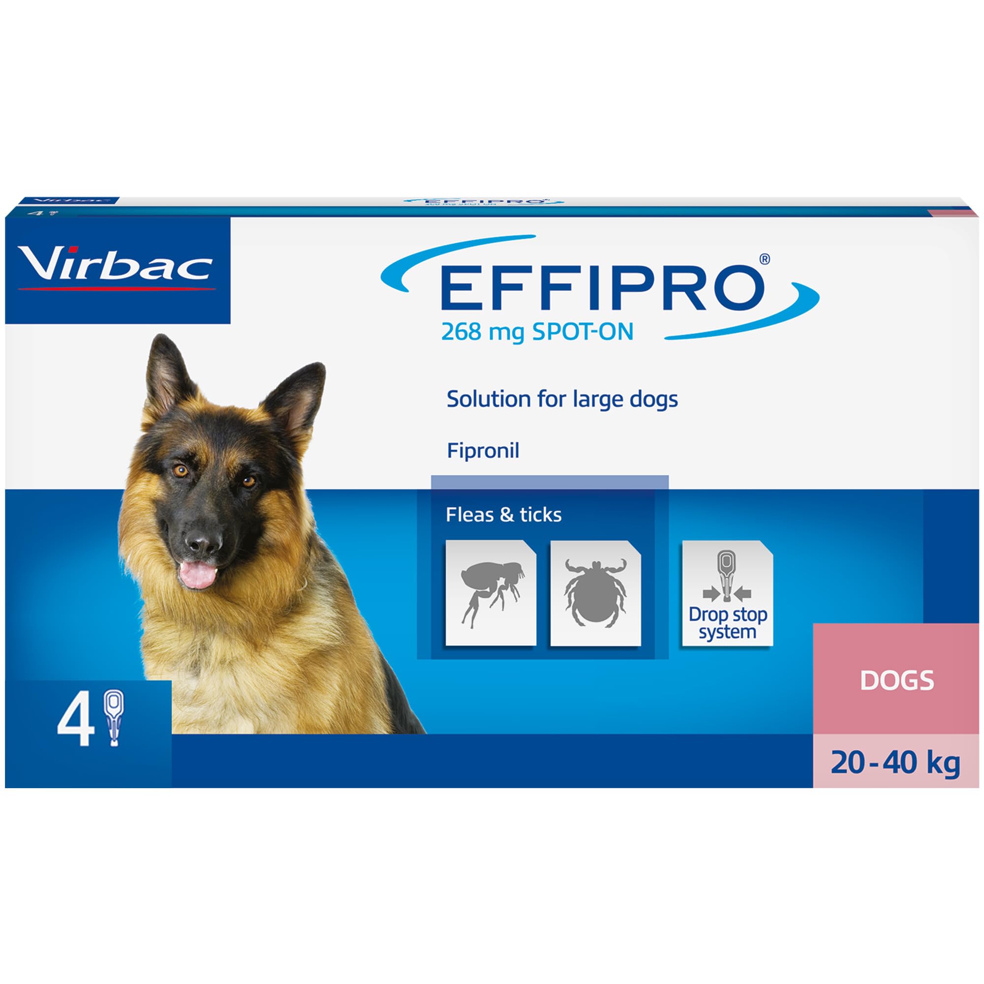 Effipro Flea & Tick Spot-On for Large Dogs 20-40kg | Fast-Acting | 4 Pipettes | Vet-Strength Formula | Easy to Apply