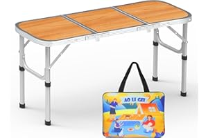 AO LI GEI Folding Camping Table Small with Storage Bag,Adjustable Height Portable Picnic Table,Upgraded Thickening Lightweight Outdoor Table Aluminum Legs (Brown:15.7"x35.4", 2 Height:9.8"/19.7")