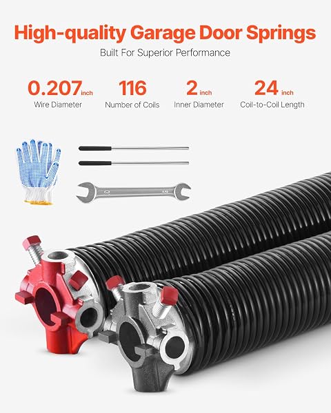 VEVOR GARAGE DOOR TORSION SPRINGS, PAIR OF 0.207 X 2 X 24 IN, 16000 CYCLES, ELECTROPHORESIS BLACK COATED FOR REPLACEMENT, GARAGE DOOR SPRINGS WITH NON-SLIP WINDING BARS, GLOVES AND MOUNTING WRENCH