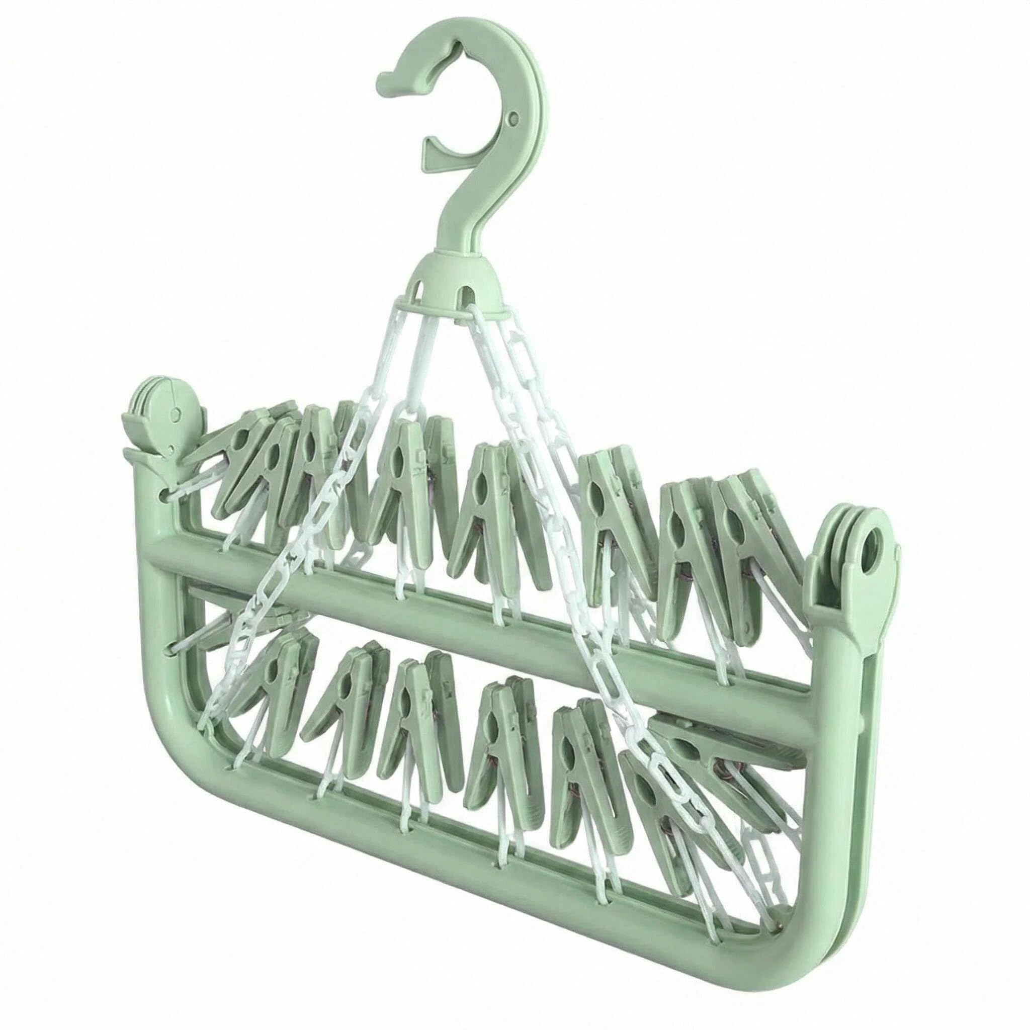 hautllait [Upgraded] 32-Clip Heavy Duty Sock Dryer Hanger - Reinforced UV-Resistant Foldable Laundry Rack with Non-Slip Alloy Springs for Socks, Bras, Underwear & Baby Clothes (Sage Green)