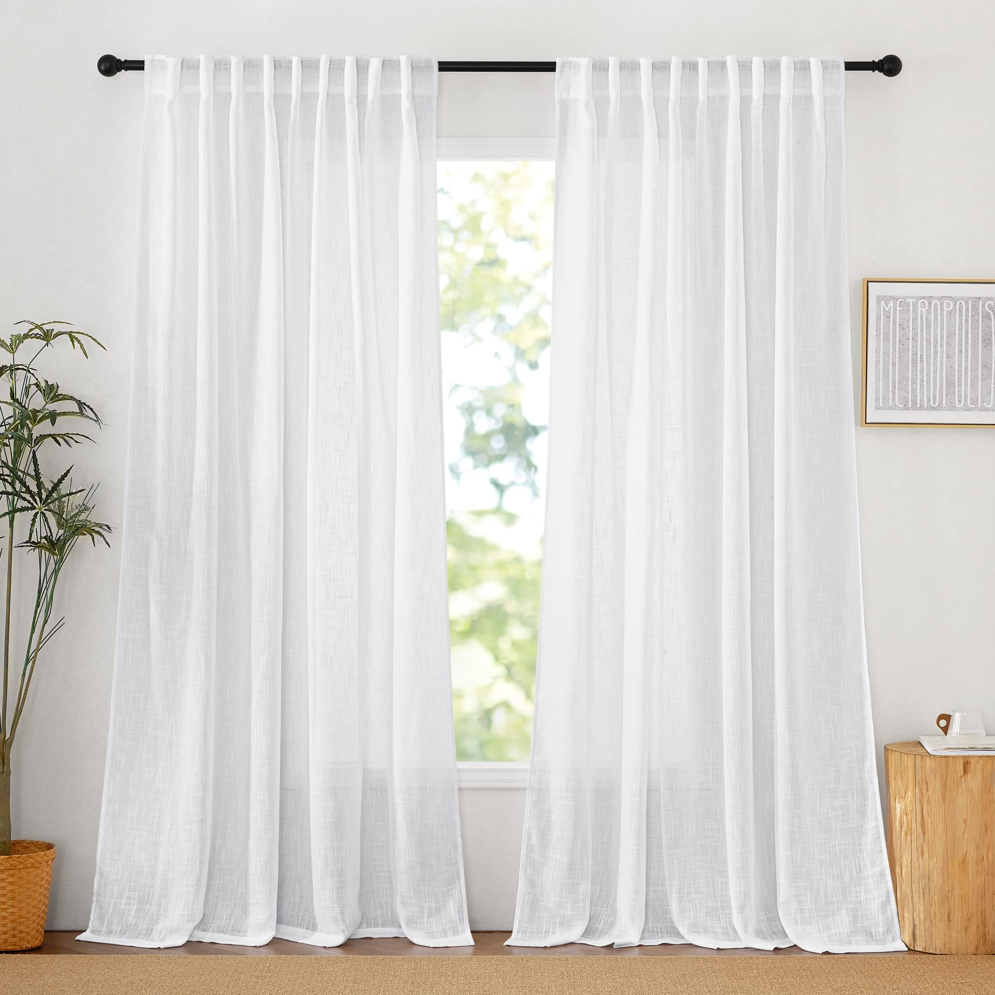 Photo 1 of RYB HOME White Curtains & Drapes - Linen Textured Semi Sheer Curtains Privacy Panels for Living Room Bedroom Dining Patio Door Large Window Decor, W 70 x L 108, 2 Pcs