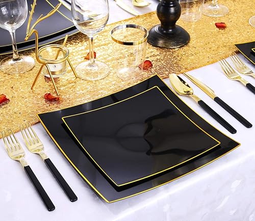 NERVURE 60Pieces Black with Gold Rim Plastic Plates- Square