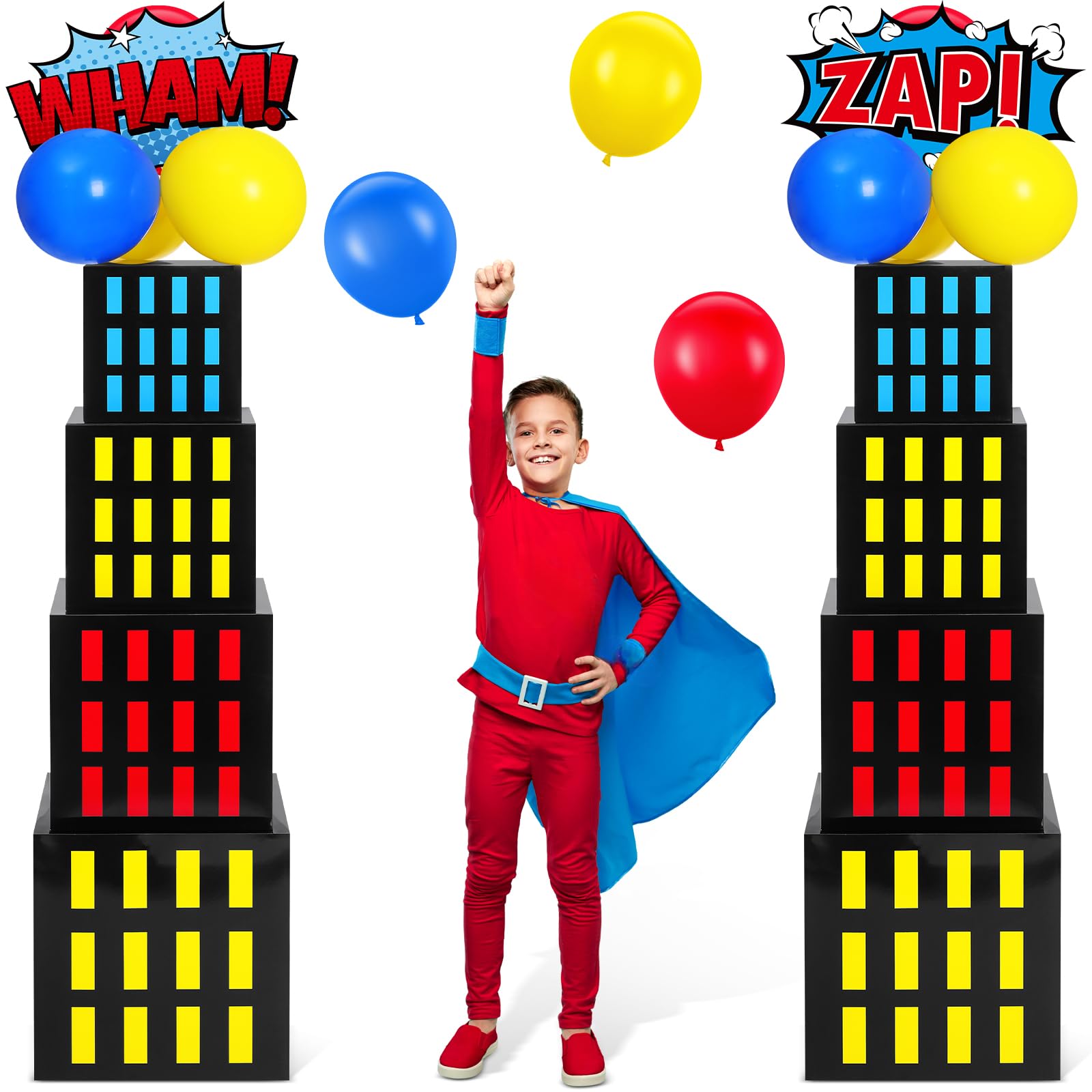 Photo 1 of Leitee 40 Pcs Hero Theme Party Decoration, Hero Theme Party Favor Boxes with Balloons and Cutouts, Skyscraper Centerpiece Boxes City Skyline Buildings Photography Backdrop for Birthday Decor(Colorful)